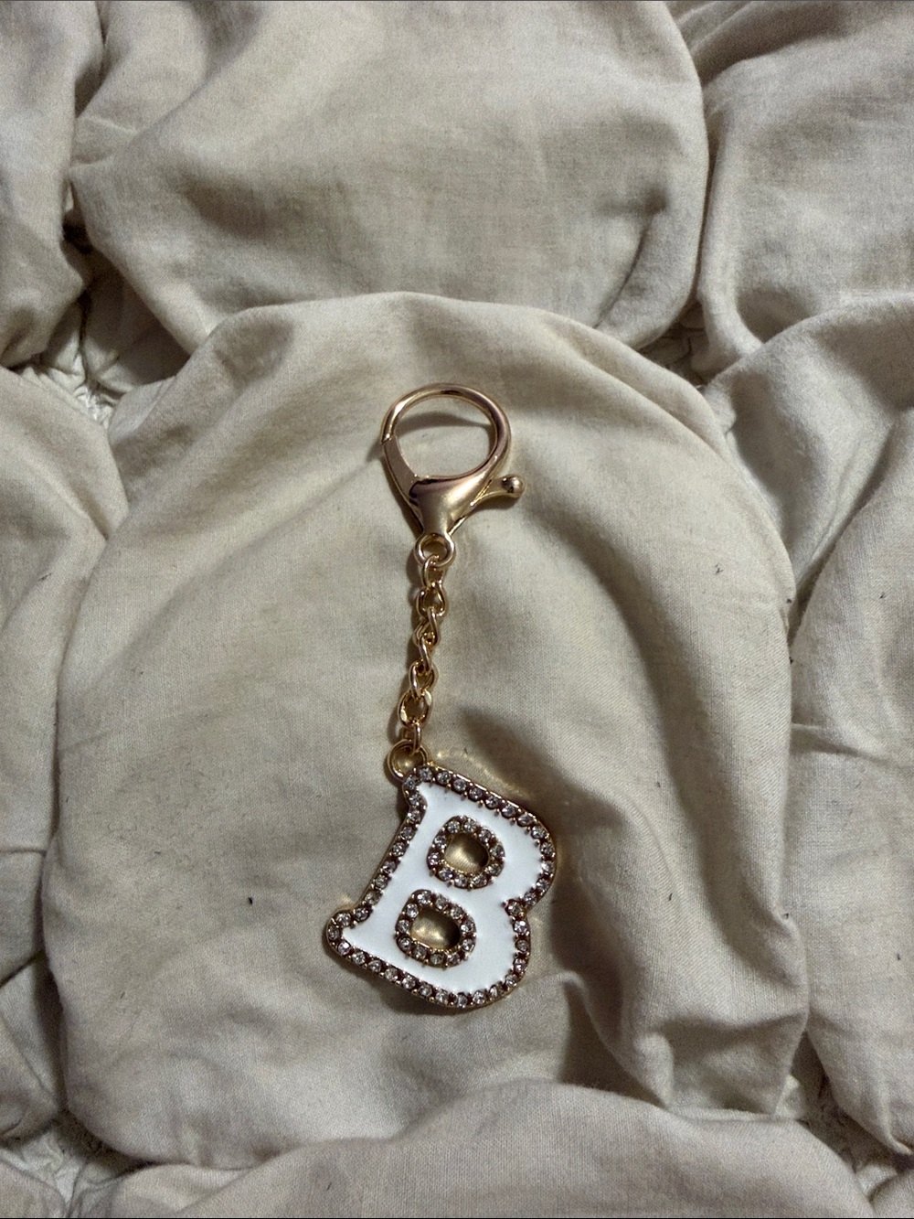 Free People Gold Tone Rhinestone White Enamel Initial B Bag Charm Keychain Chic
